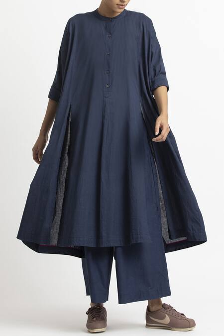 Shop_Three_Blue Cotton Band Collar Kurta Set _Online_at_Aza_Fashions