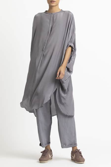 THREE Grey Silk Band Collar Kurta Set 