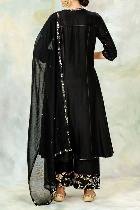 Shop_Mandira Wirk - Indian_Black Chanderi Split Kurta_at_Aza_Fashions