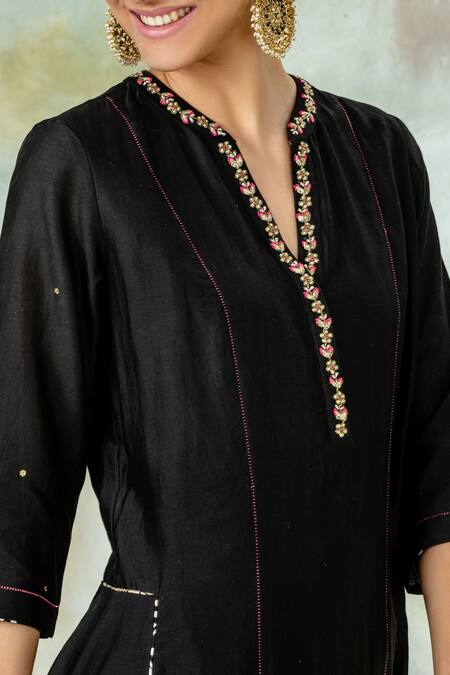 Buy_Mandira Wirk - Indian_Black Chanderi Split Kurta_Online_at_Aza_Fashions