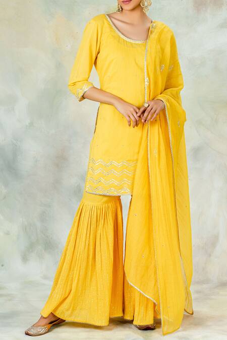 Mandira Wirk - Indian_Yellow Crinkled Cotton Embroidered Sharara Pants_Online_at_Aza_Fashions