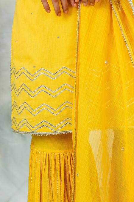 Buy_Mandira Wirk - Indian_Yellow Crinkled Cotton Embroidered Sharara Pants_Online_at_Aza_Fashions