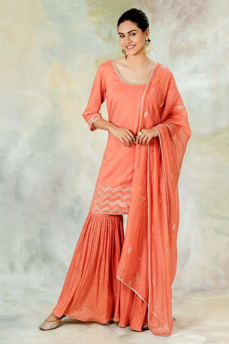 Mandira Wirk Coral Crinkled Cotton Sharara Pants 