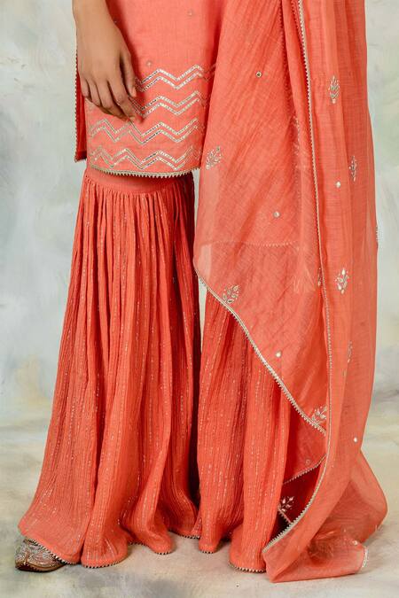 Buy_Mandira Wirk - Indian_Coral Crinkled Cotton Sharara Pants_Online_at_Aza_Fashions