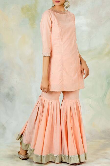 Shop_Mandira Wirk - Indian_Peach Cotton Sharara Pants_Online_at_Aza_Fashions