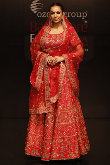 Rahul Singh Red Net, Chanderi Silk Round Embroidered Bridal Lehenga Set 