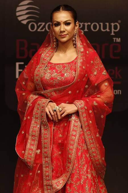 Rahul Singh_Red Net, Chanderi Silk Round Embroidered Bridal Lehenga Set _Online_at_Aza_Fashions