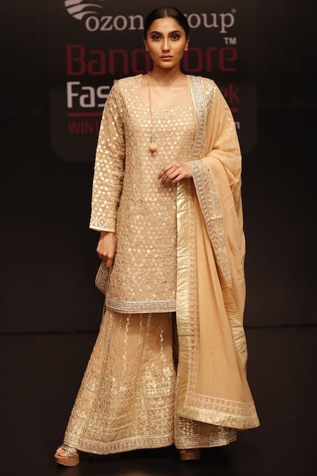 Rahul Singh Peach Georgette Scoop Neck Embroidered Kurta Sharara Set 