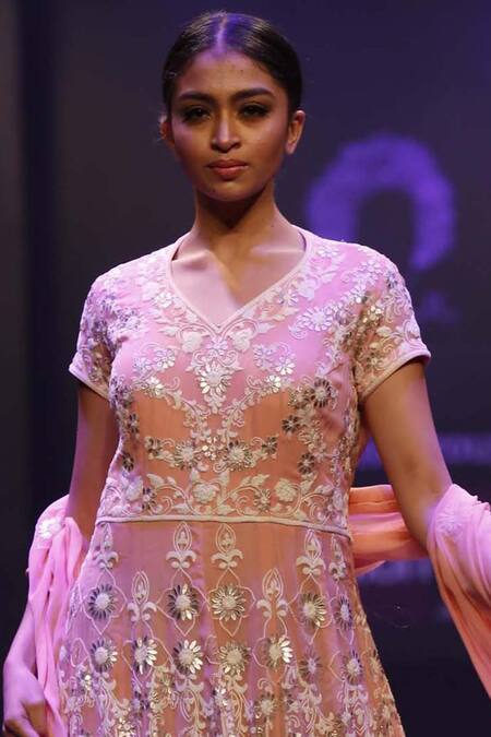 Rahul Singh_Pink Georgette V Neck Embroidered Anarkali With Dupatta _Online_at_Aza_Fashions