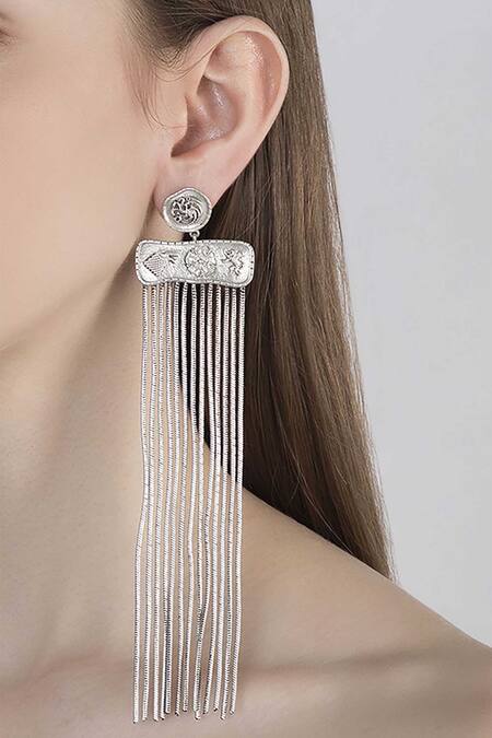 Shop Masaba Silver Plated Metal Carved Long Earrings at Aza Fashions Shop_Masaba_Silver Plated Metal Carved Long Earrings_at_Aza_Fashions