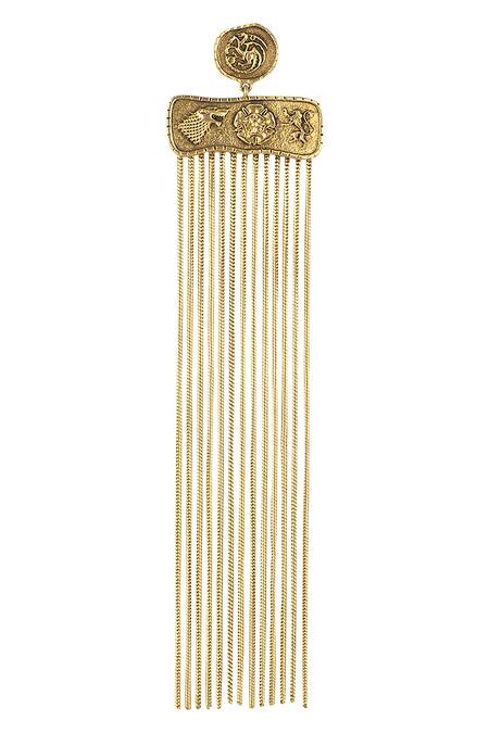 Masaba_Gold Plated Metal Carved Long Earrings_Online_at_Aza_Fashions