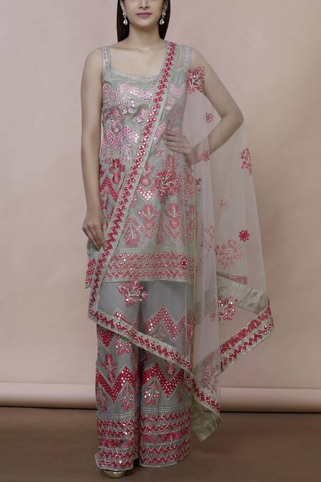 Abhi Singh Grey Cotton, Georgette, Shantoon Square Neck Embroidered Kurta Palazzo Set Online at Aza Fashions Abhi Singh_Grey Cotton, Georgette, Shantoon Square Neck Embroidered Kurta Palazzo Set _Online_at_Aza_Fashions