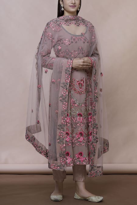 Abhi Singh Pink Cotton, Georgette, Shantoon Round Embroidered Kurta Set