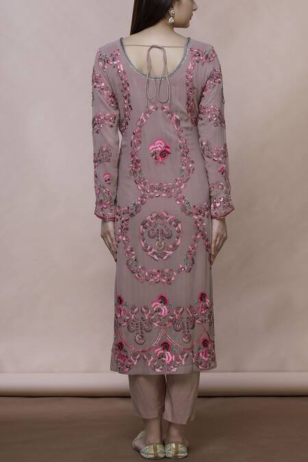 Shop Abhi Singh Pink Cotton, Georgette, Shantoon Round Embroidered Kurta Set at Aza Fashions Shop_Abhi Singh_Pink Cotton, Georgette, Shantoon Round Embroidered Kurta Set _at_Aza_Fashions