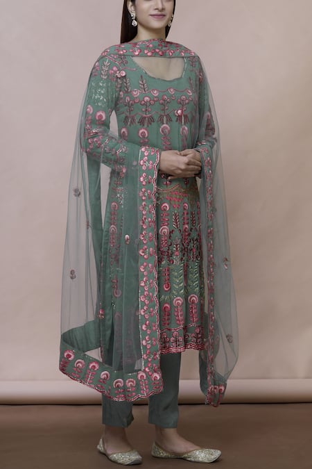 Abhi Singh Green Cotton, Georgette, Shantoon Round Embroidered Kurta Set