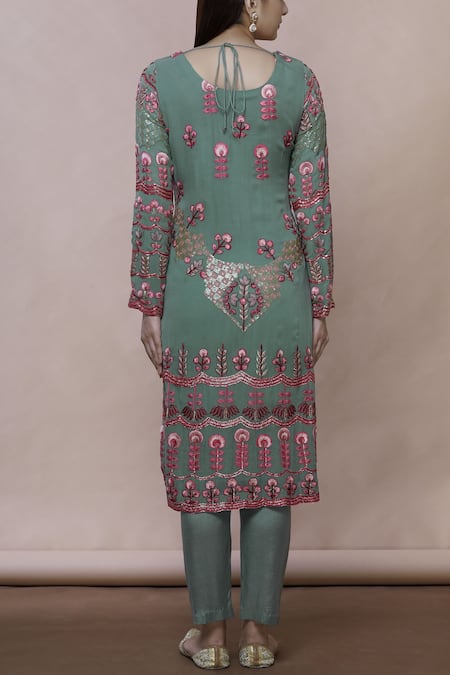 Shop Abhi Singh Green Cotton, Georgette, Shantoon Round Embroidered Kurta Set at Aza Fashions Shop_Abhi Singh_Green Cotton, Georgette, Shantoon Round Embroidered Kurta Set _at_Aza_Fashions