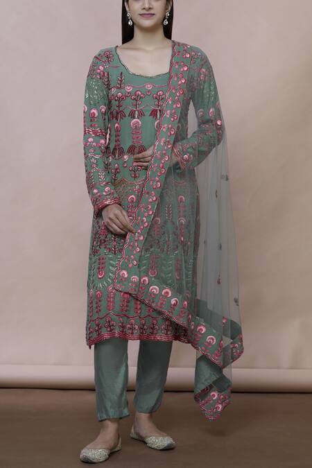 Abhi Singh Green Cotton, Georgette, Shantoon Round Embroidered Kurta Set Online at Aza Fashions Abhi Singh_Green Cotton, Georgette, Shantoon Round Embroidered Kurta Set _Online_at_Aza_Fashions