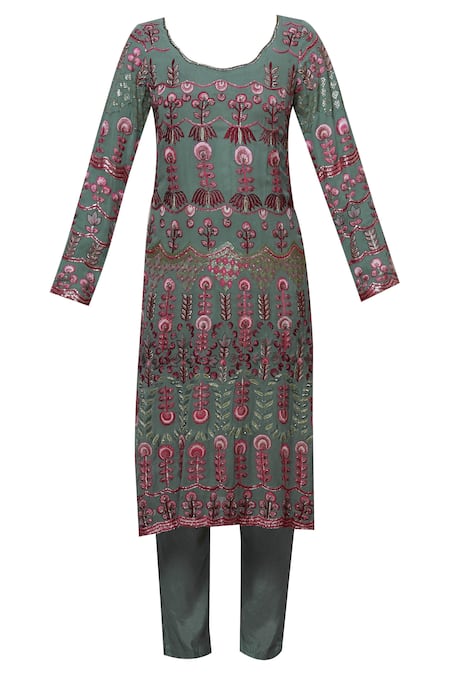 Buy Abhi Singh Green Cotton, Georgette, Shantoon Round Embroidered Kurta Set Online at Aza Fashions Buy_Abhi Singh_Green Cotton, Georgette, Shantoon Round Embroidered Kurta Set _Online_at_Aza_Fashions