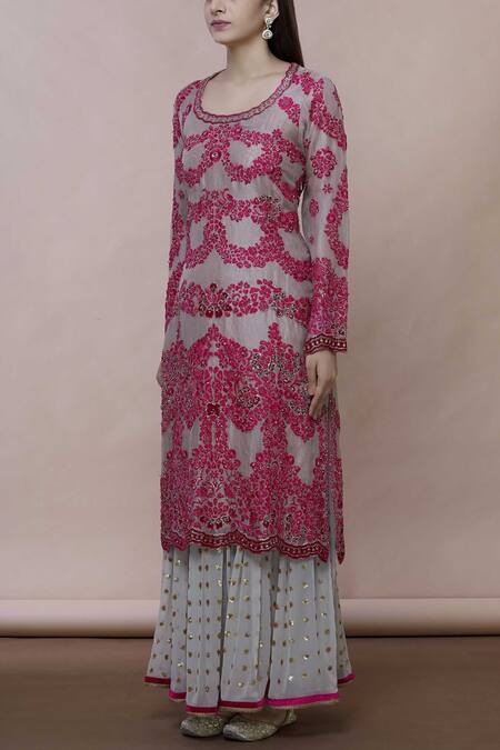 Abhi Singh Grey Cotton, Georgette, Shantoon Round Embroidered Kurta With Skirt Online at Aza Fashions Abhi Singh_Grey Cotton, Georgette, Shantoon Round Embroidered Kurta With Skirt _Online_at_Aza_Fashions