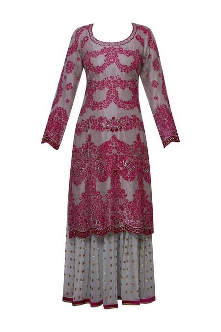 Buy Abhi Singh Grey Cotton, Georgette, Shantoon Round Embroidered Kurta With Skirt Online at Aza Fashions Buy_Abhi Singh_Grey Cotton, Georgette, Shantoon Round Embroidered Kurta With Skirt _Online_at_Aza_Fashions