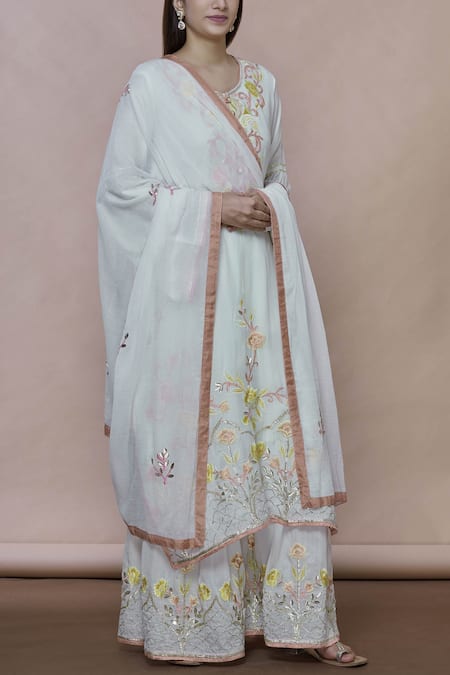 Abhi Singh Off White Cotton, Georgette, Shantoon Round Embroidered Kurta Sharara Set