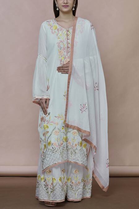 Abhi Singh Off White Cotton, Georgette, Shantoon Round Embroidered Kurta Sharara Set Online at Aza Fashions Abhi Singh_Off White Cotton, Georgette, Shantoon Round Embroidered Kurta Sharara Set _Online_at_Aza_Fashions