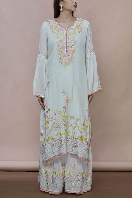 Buy Abhi Singh Off White Cotton, Georgette, Shantoon Round Embroidered Kurta Sharara Set Online at Aza Fashions Buy_Abhi Singh_Off White Cotton, Georgette, Shantoon Round Embroidered Kurta Sharara Set _Online_at_Aza_Fashions