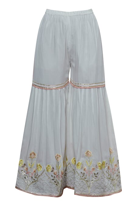 Shop Abhi Singh Off White Cotton, Georgette, Shantoon Round Embroidered Kurta Sharara Set Online at Aza Fashions Shop_Abhi Singh_Off White Cotton, Georgette, Shantoon Round Embroidered Kurta Sharara Set _Online_at_Aza_Fashions