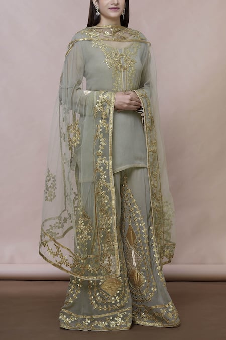 Abhi Singh Green Cotton, Georgette, Shantoon Round Embroidered Kurta Palazzo Set