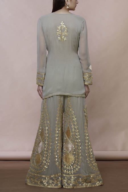 Shop Abhi Singh Green Cotton, Georgette, Shantoon Round Embroidered Kurta Palazzo Set at Aza Fashions Shop_Abhi Singh_Green Cotton, Georgette, Shantoon Round Embroidered Kurta Palazzo Set _at_Aza_Fashions