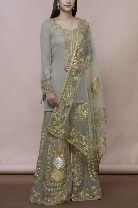 Abhi Singh Green Cotton, Georgette, Shantoon Round Embroidered Kurta Palazzo Set Online at Aza Fashions Abhi Singh_Green Cotton, Georgette, Shantoon Round Embroidered Kurta Palazzo Set _Online_at_Aza_Fashions