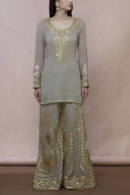 Buy Abhi Singh Green Cotton, Georgette, Shantoon Round Embroidered Kurta Palazzo Set Online at Aza Fashions Buy_Abhi Singh_Green Cotton, Georgette, Shantoon Round Embroidered Kurta Palazzo Set _Online_at_Aza_Fashions