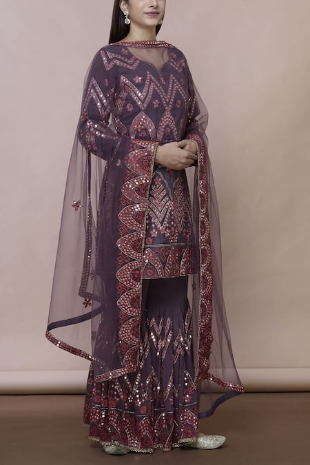 Abhi Singh Purple Georgette Leaf-shaped Embroidered Kurta Sharara Set  