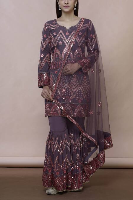 Abhi Singh_Purple Cotton, Georgette, Shantoon Leaf-shaped Embroidered Kurta Sharara Set _Online_at_Aza_Fashions