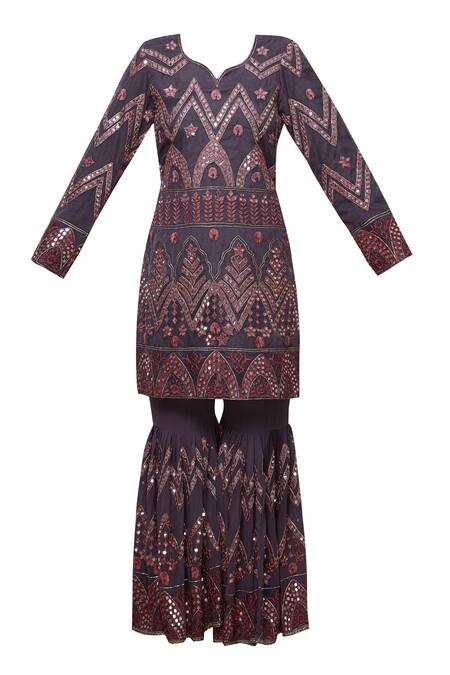Buy_Abhi Singh_Purple Cotton, Georgette, Shantoon Leaf-shaped Embroidered Kurta Sharara Set _Online_at_Aza_Fashions