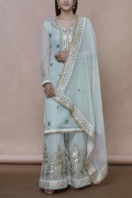 Abhi Singh Green Cotton, Georgette, Shantoon Round Embroidered Kurta Palazzo Set Online at Aza Fashions Abhi Singh_Green Cotton, Georgette, Shantoon Round Embroidered Kurta Palazzo Set _Online_at_Aza_Fashions