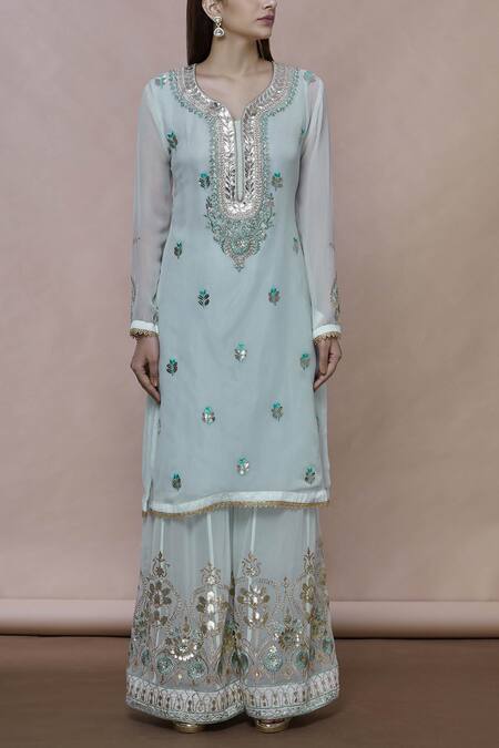 Buy Abhi Singh Green Cotton, Georgette, Shantoon Round Embroidered Kurta Palazzo Set Online at Aza Fashions Buy_Abhi Singh_Green Cotton, Georgette, Shantoon Round Embroidered Kurta Palazzo Set _Online_at_Aza_Fashions