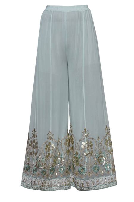 Shop Abhi Singh Green Cotton, Georgette, Shantoon Round Embroidered Kurta Palazzo Set Online at Aza Fashions Shop_Abhi Singh_Green Cotton, Georgette, Shantoon Round Embroidered Kurta Palazzo Set _Online_at_Aza_Fashions