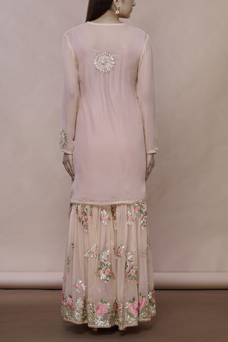 Shop Abhi Singh Peach Cotton, Georgette, Shantoon Round Embroidered Kurta Sharara Set at Aza Fashions Shop_Abhi Singh_Peach Cotton, Georgette, Shantoon Round Embroidered Kurta Sharara Set _at_Aza_Fashions
