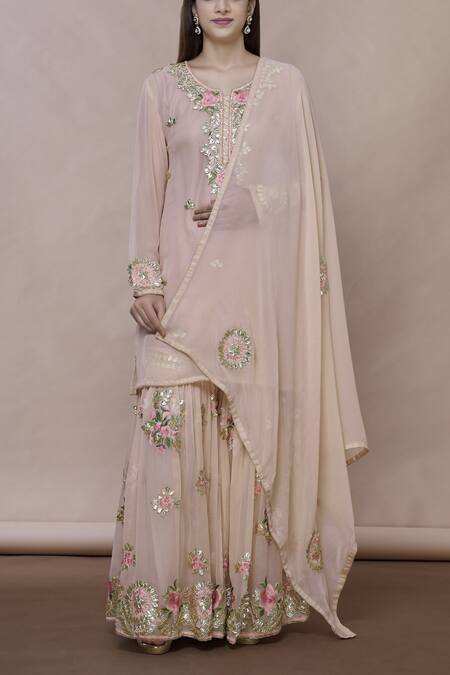 Abhi Singh Peach Cotton, Georgette, Shantoon Round Embroidered Kurta Sharara Set Online at Aza Fashions Abhi Singh_Peach Cotton, Georgette, Shantoon Round Embroidered Kurta Sharara Set _Online_at_Aza_Fashions
