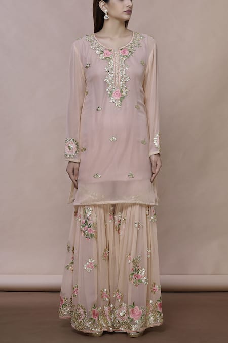 Buy Abhi Singh Peach Cotton, Georgette, Shantoon Round Embroidered Kurta Sharara Set Online at Aza Fashions Buy_Abhi Singh_Peach Cotton, Georgette, Shantoon Round Embroidered Kurta Sharara Set _Online_at_Aza_Fashions