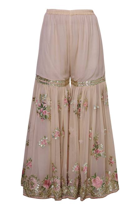 Shop Abhi Singh Peach Cotton, Georgette, Shantoon Round Embroidered Kurta Sharara Set Online at Aza Fashions Shop_Abhi Singh_Peach Cotton, Georgette, Shantoon Round Embroidered Kurta Sharara Set _Online_at_Aza_Fashions