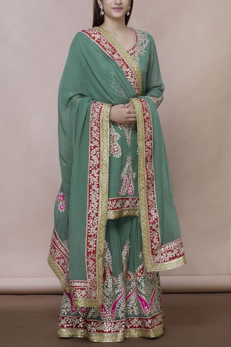 Abhi Singh Green Georgette Round Embroidered Kurta Sharara Set