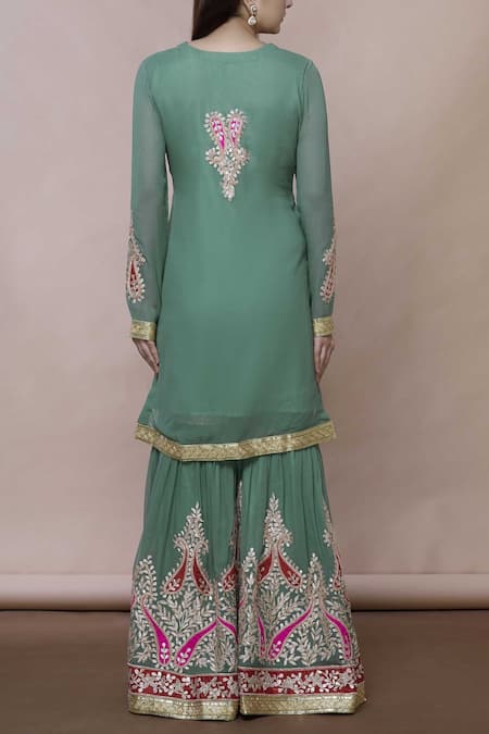 Shop Abhi Singh Green Georgette Round Embroidered Kurta Sharara Set at Aza Fashions Shop_Abhi Singh_Green Georgette Round Embroidered Kurta Sharara Set _at_Aza_Fashions