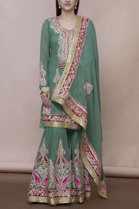 Abhi Singh Green Georgette Round Embroidered Kurta Sharara Set Online at Aza Fashions Abhi Singh_Green Georgette Round Embroidered Kurta Sharara Set _Online_at_Aza_Fashions