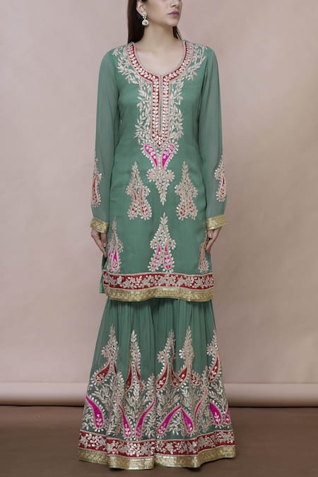 Buy Abhi Singh Green Georgette Round Embroidered Kurta Sharara Set Online at Aza Fashions Buy_Abhi Singh_Green Georgette Round Embroidered Kurta Sharara Set _Online_at_Aza_Fashions