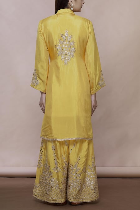 Shop Abhi Singh Yellow Silk Mandarin Collar Embroidered Kurta Sharara Set at Aza Fashions Shop_Abhi Singh_Yellow Silk Mandarin Collar Embroidered Kurta Sharara Set _at_Aza_Fashions