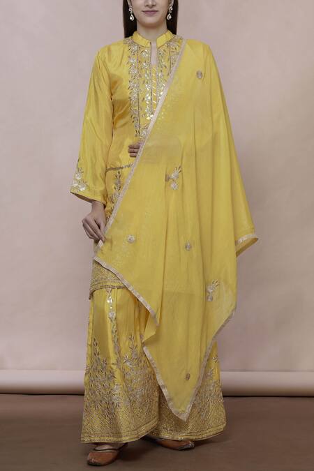 Abhi Singh Yellow Silk Mandarin Collar Embroidered Kurta Sharara Set Online at Aza Fashions Abhi Singh_Yellow Silk Mandarin Collar Embroidered Kurta Sharara Set _Online_at_Aza_Fashions