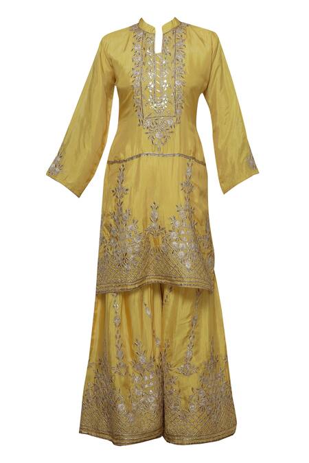 Buy Abhi Singh Yellow Silk Mandarin Collar Embroidered Kurta Sharara Set Online at Aza Fashions Buy_Abhi Singh_Yellow Silk Mandarin Collar Embroidered Kurta Sharara Set _Online_at_Aza_Fashions
