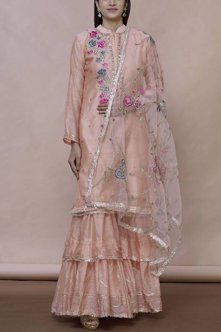 Abhi Singh_Peach Chanderi Silk Mandarin Collar Kurta Sharara Set _Online_at_Aza_Fashions